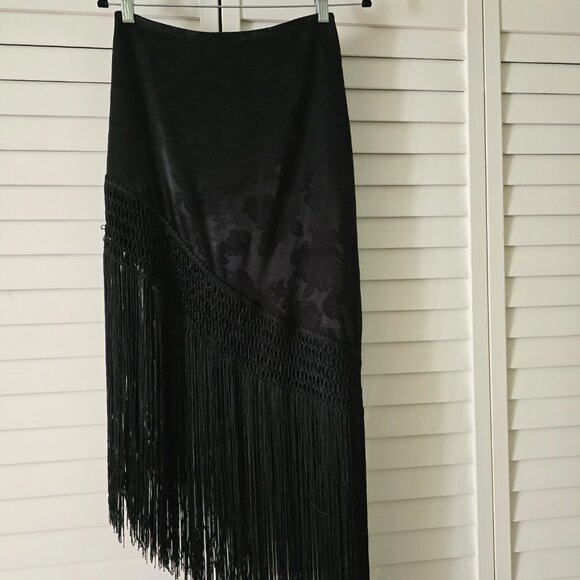 Twelfth Tribe Frankie Black Satin Jacquard Fringe Midi Skirt - Picture 9 of 10